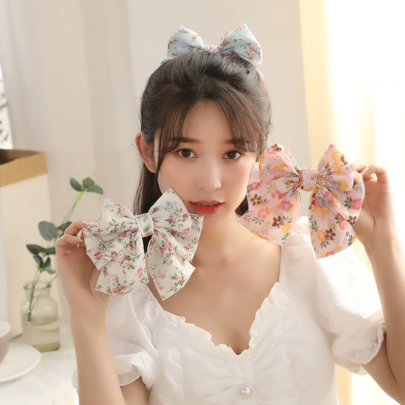 Wholesale Three-layer Floral Large Bow Fabric Chiffon Back Head Spring Clip
